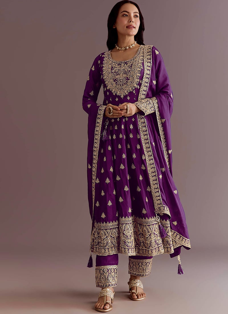 Graceful Purple Chinon Embroidered Sequins Anarkali Suit After Six Wear
