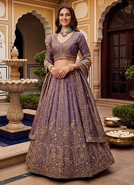Graceful Purple Fendy Organza Silk Sequins Zari Crystals Hand Embroidered Lehenga