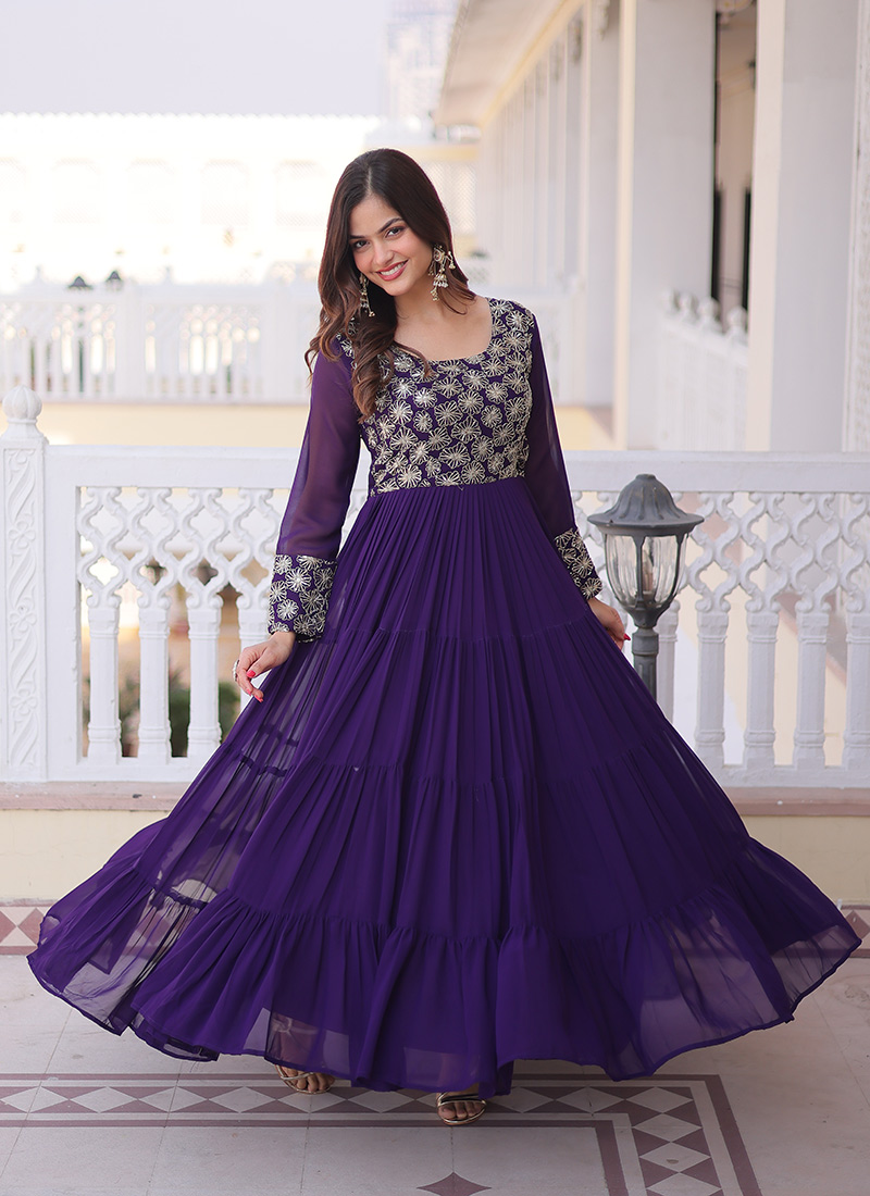 Graceful Purple Georgette Sequins Zari Dresses And Gown After Six Wear