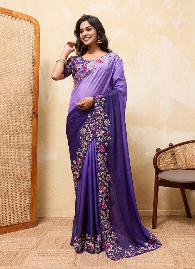 Graceful Purple Georgette Zari Embroidered Sequins Cut Work Thread Saree Festive Wear
