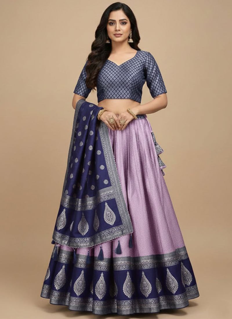 Graceful Purple Kanchipuram Silk Zari Jacquard Umbrella Lehenga Wedding Wear