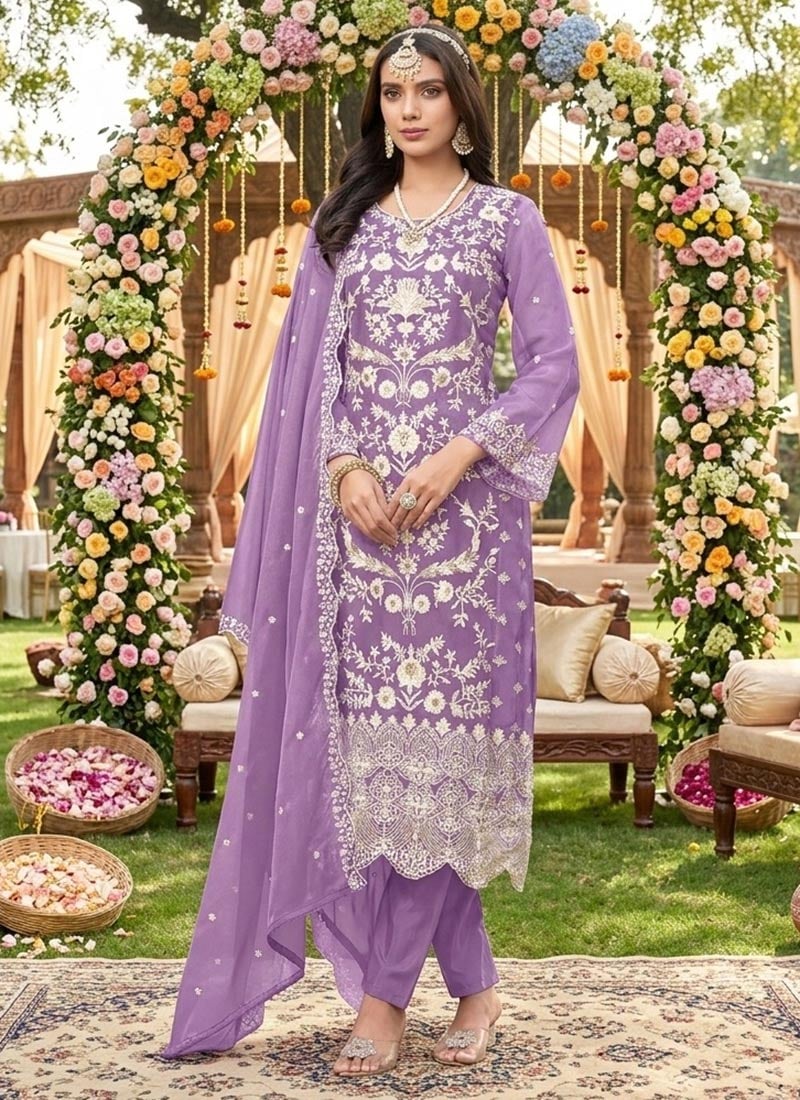 Graceful Purple Organza Embroidered Straight Pant Suit Festive Wear