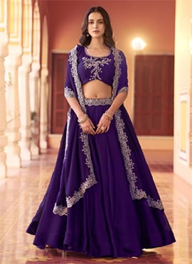 Graceful Purple Rangoli Silk  Beads Sequins and Thread Embroidery Work Umbrella Lehenga