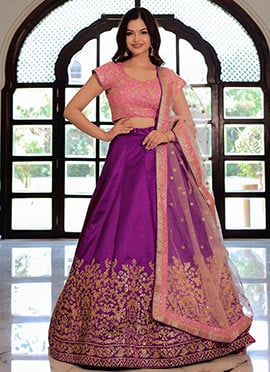 Graceful Purple Satin Embroidered Zari Sequins Thread A Line Lehenga