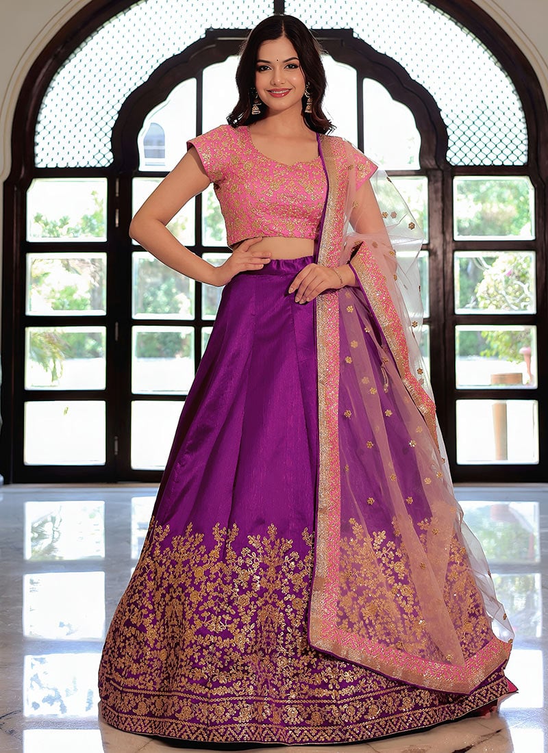 Graceful Purple Satin Embroidered Zari Sequins Thread A Line Lehenga Wedding Wear