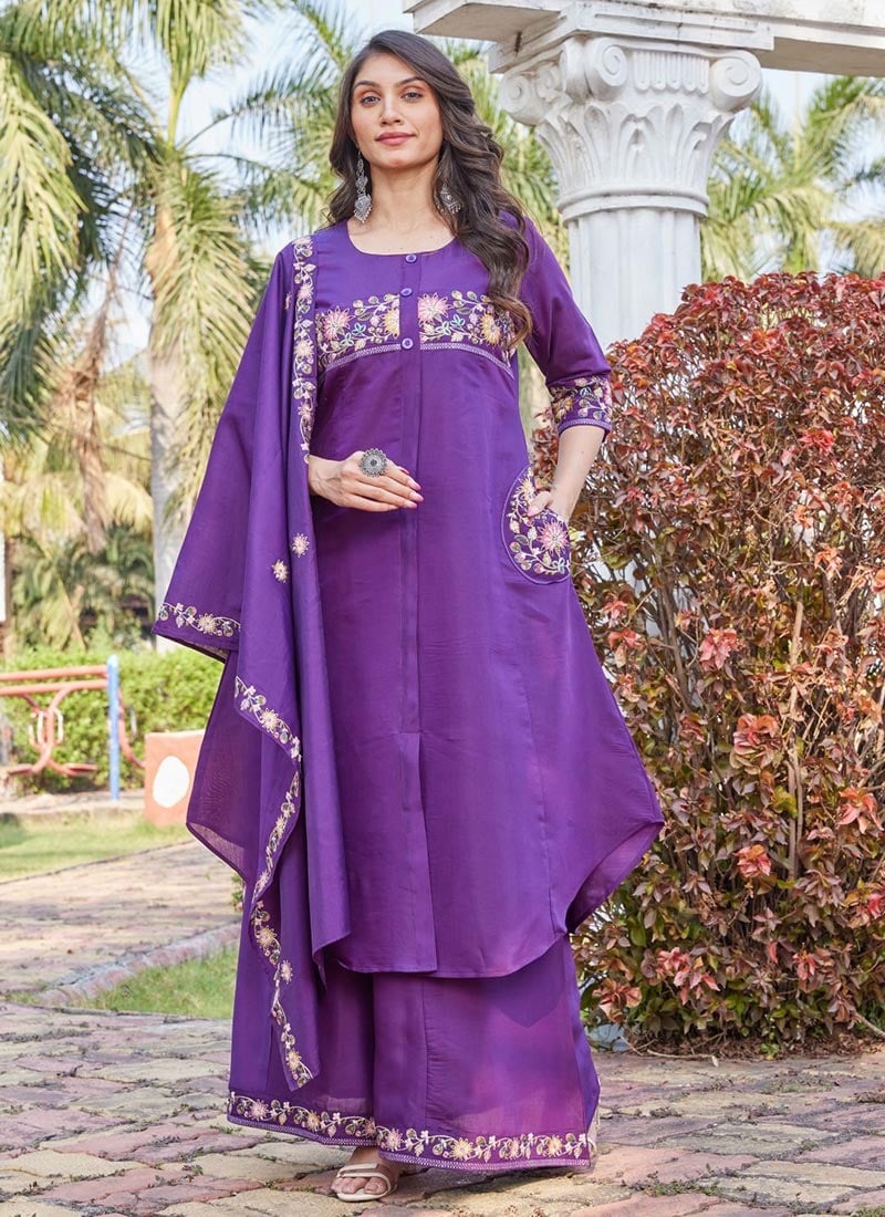 Graceful Purple Silk Embroidered Palazzo Suit After Six Wear