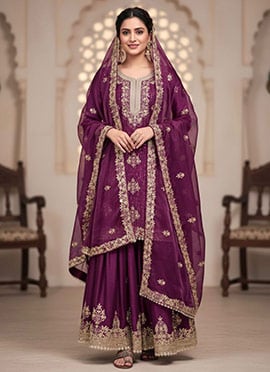 Graceful Purple Silk Embroidered Stones Sequins Palazzo Suit