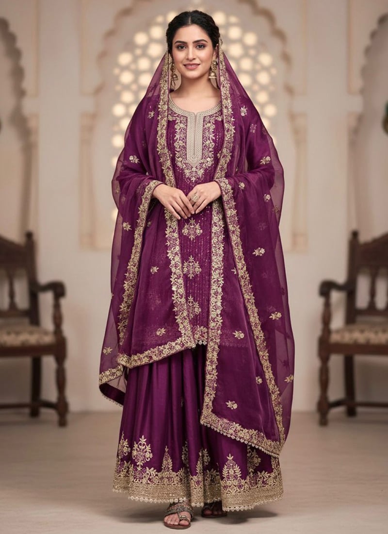 Graceful Purple Silk Embroidered Stones Sequins Palazzo Suit Festive Wear