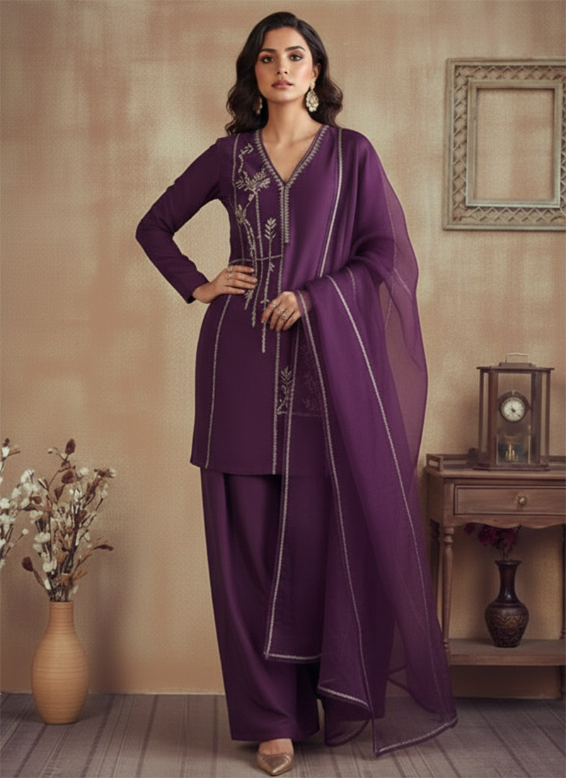 Graceful Purple Silk Zari Cutdana Hand Embroidered Salwar Suit Festive Wear
