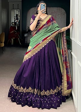 Graceful Purple Vichitra Silk Sequins Embroidered Umbrella Lehenga