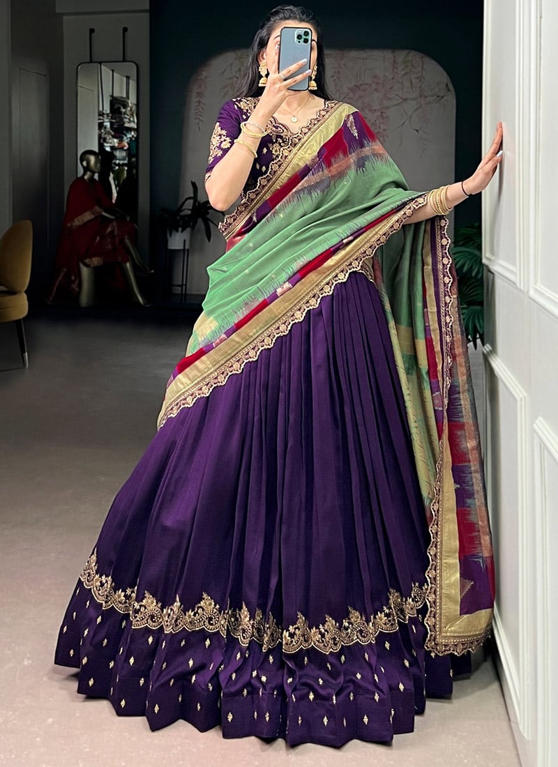 Graceful Purple Vichitra Silk Sequins Embroidered Umbrella Lehenga Wedding Wear