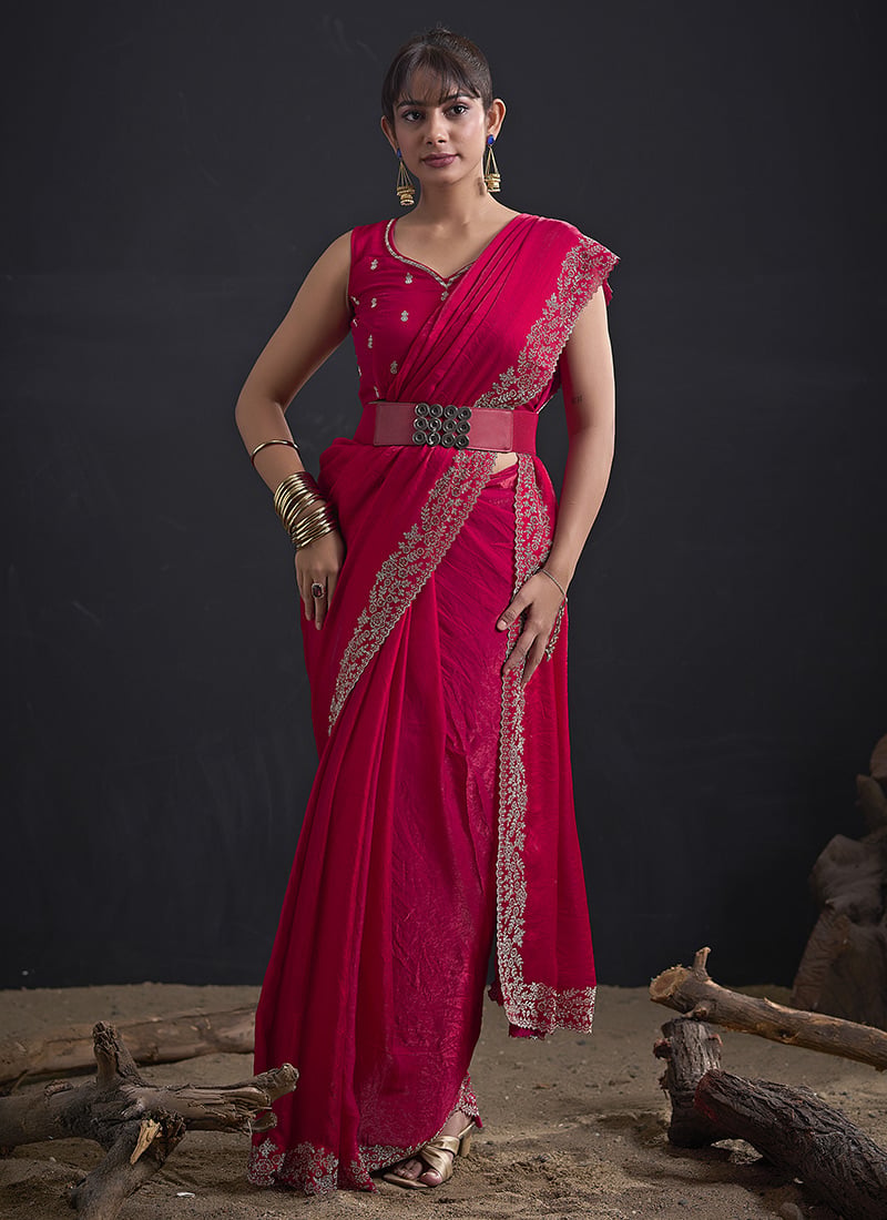 Graceful Rani Fandy Satin Silk Two Tone Tikki Work Hand Embroidery Saree After Six Wear