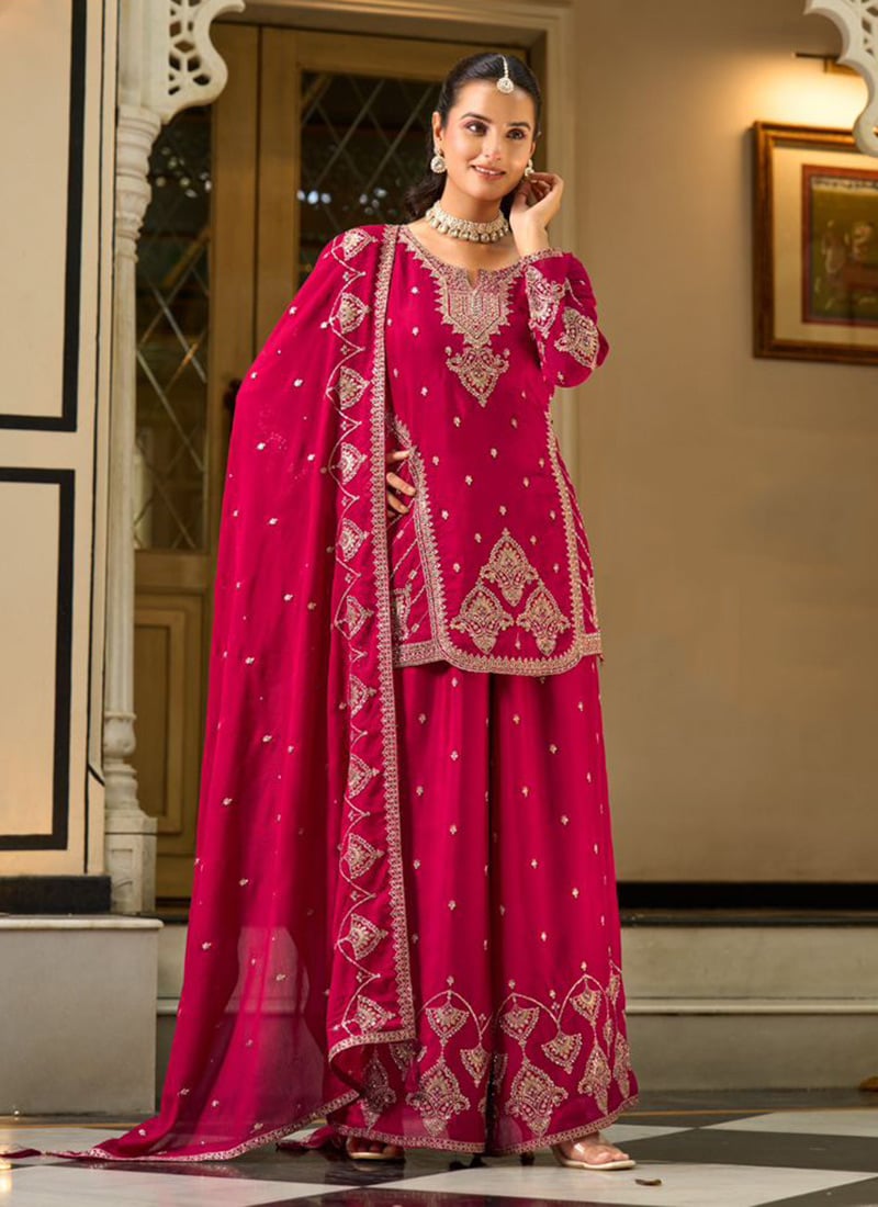 Graceful Rani Pink Chinon Silk Designer Embroidered Mirror Work Palazzo Suit After Six Wear