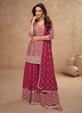 Graceful Rani Pink Chinon Suit Featuring Zari Embroidery Sequins And Gota Details