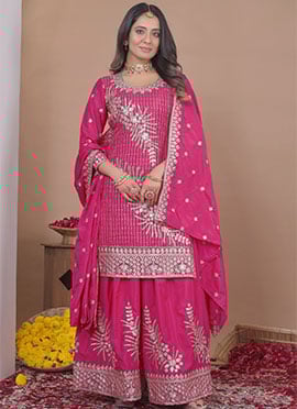 Graceful Rani Pink Crepe Sequins Embroidered Palazzo Suit