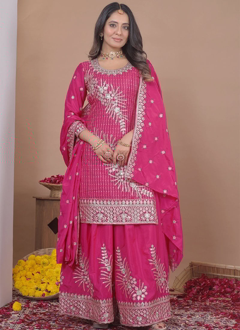 Graceful Rani Pink Crepe Sequins Embroidered Palazzo Suit Festive Wear