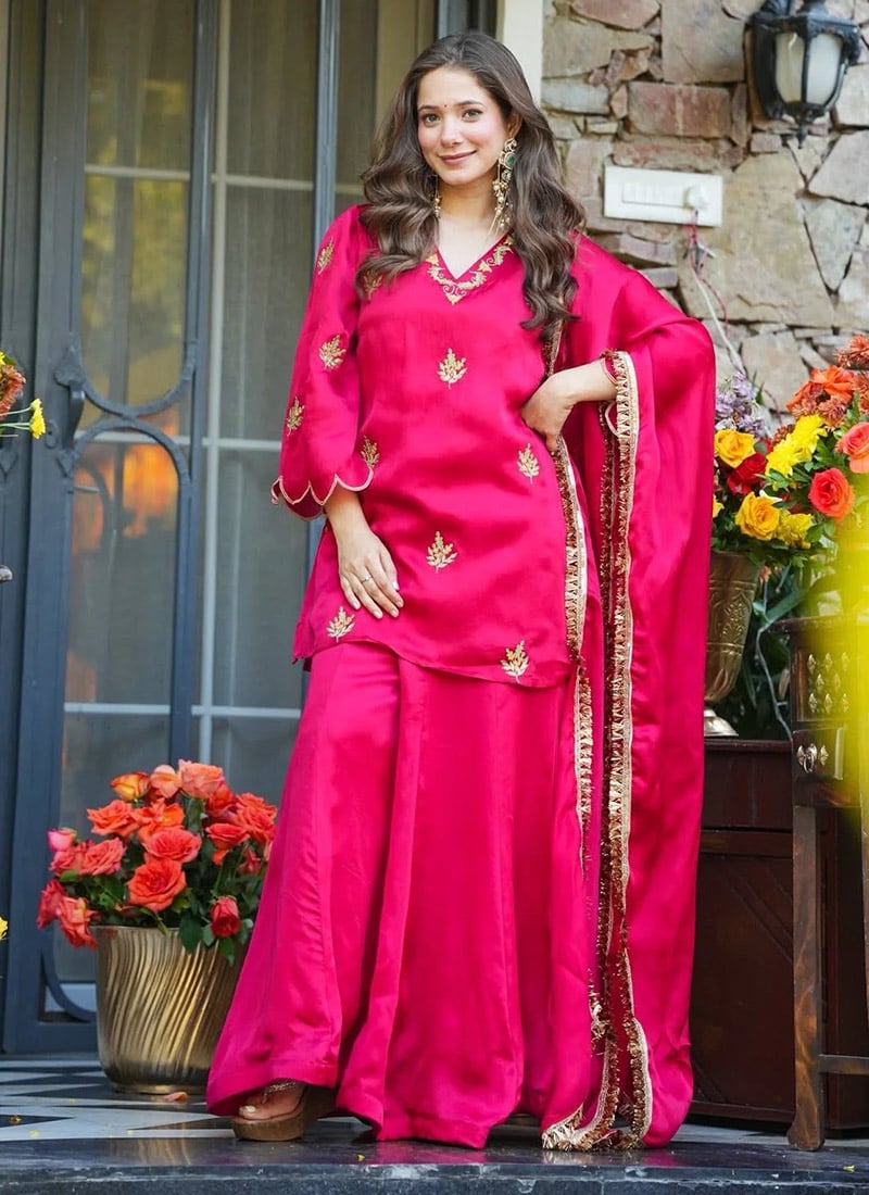 Graceful Rani Pink Frendy Silk Embroidered Palazzo Suit After Six Wear