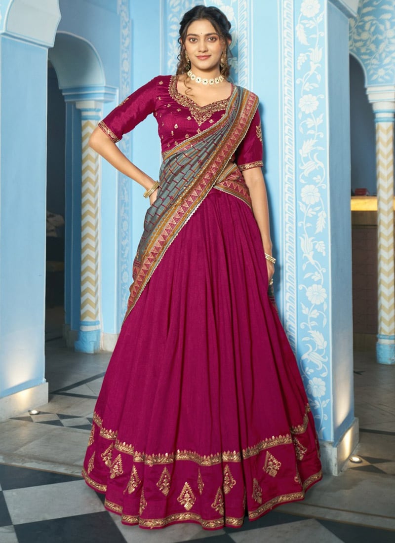 Graceful Rani Pink Vichitra Silk Sequins Embroidered Thread Umbrella Lehenga Wedding Wear