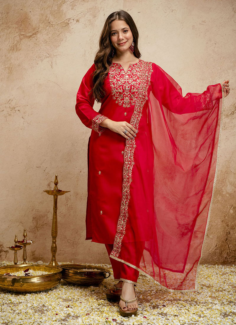 Graceful Red Chanderi Embroidered Straight Pant Suit After Six Wear