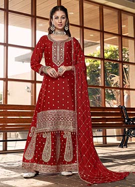 Graceful Red Chinnon Silk Designer Hand Embroidered Palazzo Suit