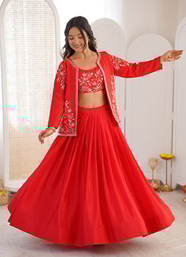 Graceful Red Chinon Silk Embroidered Sequins Indowestern Sets and Suits
