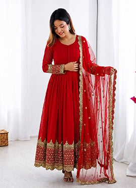 Graceful Red Faux Georgette Embroidered Sequins Anarkali Suit