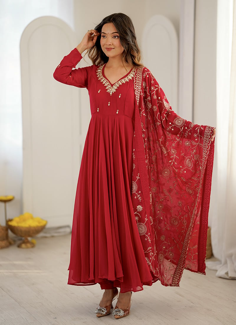 Graceful Red Faux Georgette Mirror Work Anarkali Suit Festive Wear