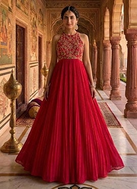 Graceful Red Faux Georgette Zari Sequins Dresses And Gown