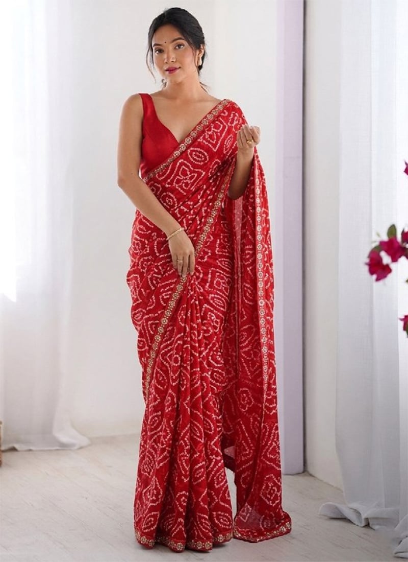 Graceful Red Georgette Bandhej Print With Lace Border Saree Festive Wear