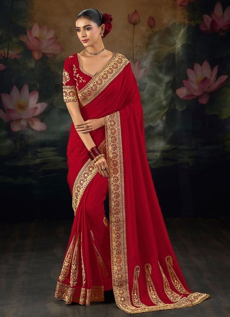 Graceful Red Muga Silk Zari Sequins Resham Embroidered Saree Wedding Wear