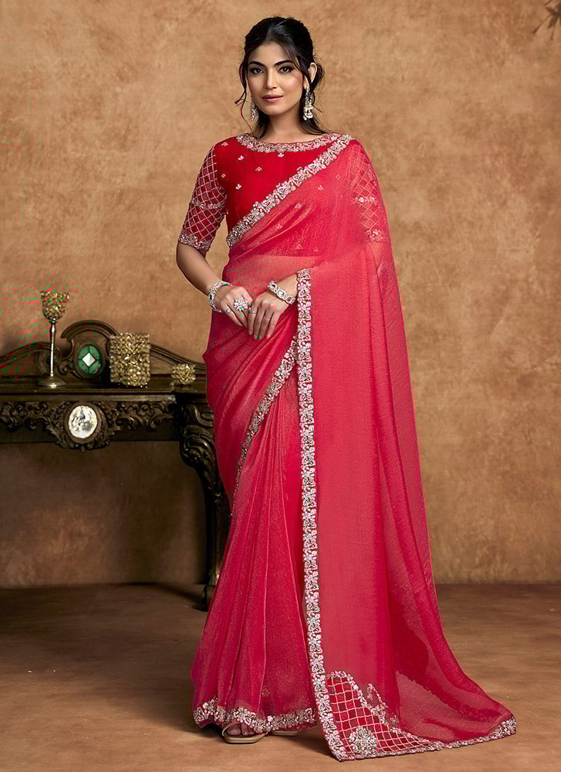 Graceful Red Organza Satin Embroidered Stone Beads Sequins Zari Saree Wedding Wear