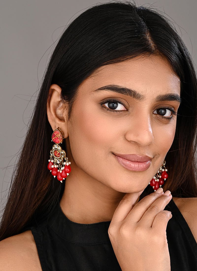 Graceful Red Pearl Stone Kundan Chandeliers After Six Wear
