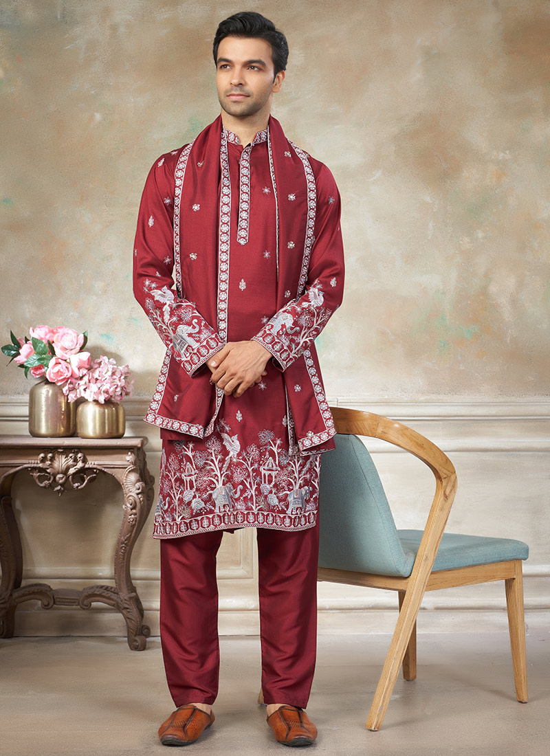 Graceful Red Silk Embroidered Kurta Pyjama Wedding Wear