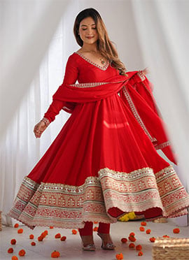 Graceful Red Silk Embroidered Sequins Zari Anarkali Suit