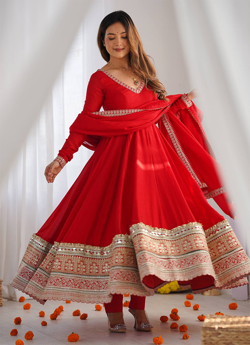 Graceful Red Silk Embroidered Sequins Zari Anarkali Suit After Six Wear