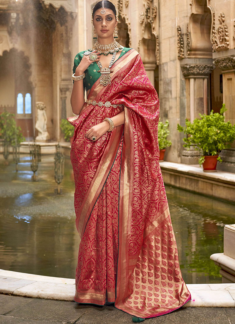 Graceful Red Silk Jacquard Saree With Zari Woven Elegance Festive Wear-SASACY8527