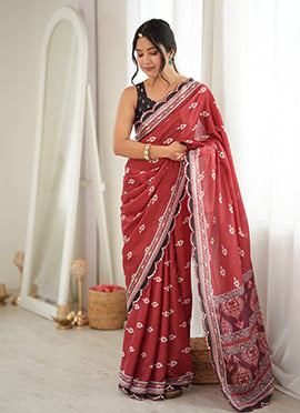 Graceful Rust Chinon Mirror Work Printed Saree
