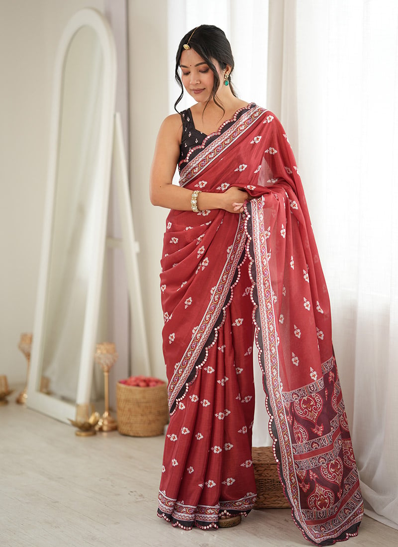 Graceful Rust Chinon Mirror Work Printed Saree After Six Wear