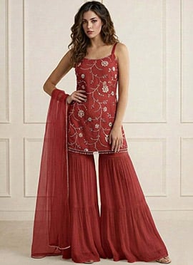 Graceful Rust Faux Georgette Embroidered Sharara Suit