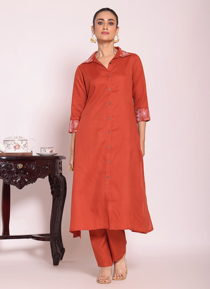 Graceful Rust Poly Silk Embroidered Kurta Straight Pant Set After Six Wear