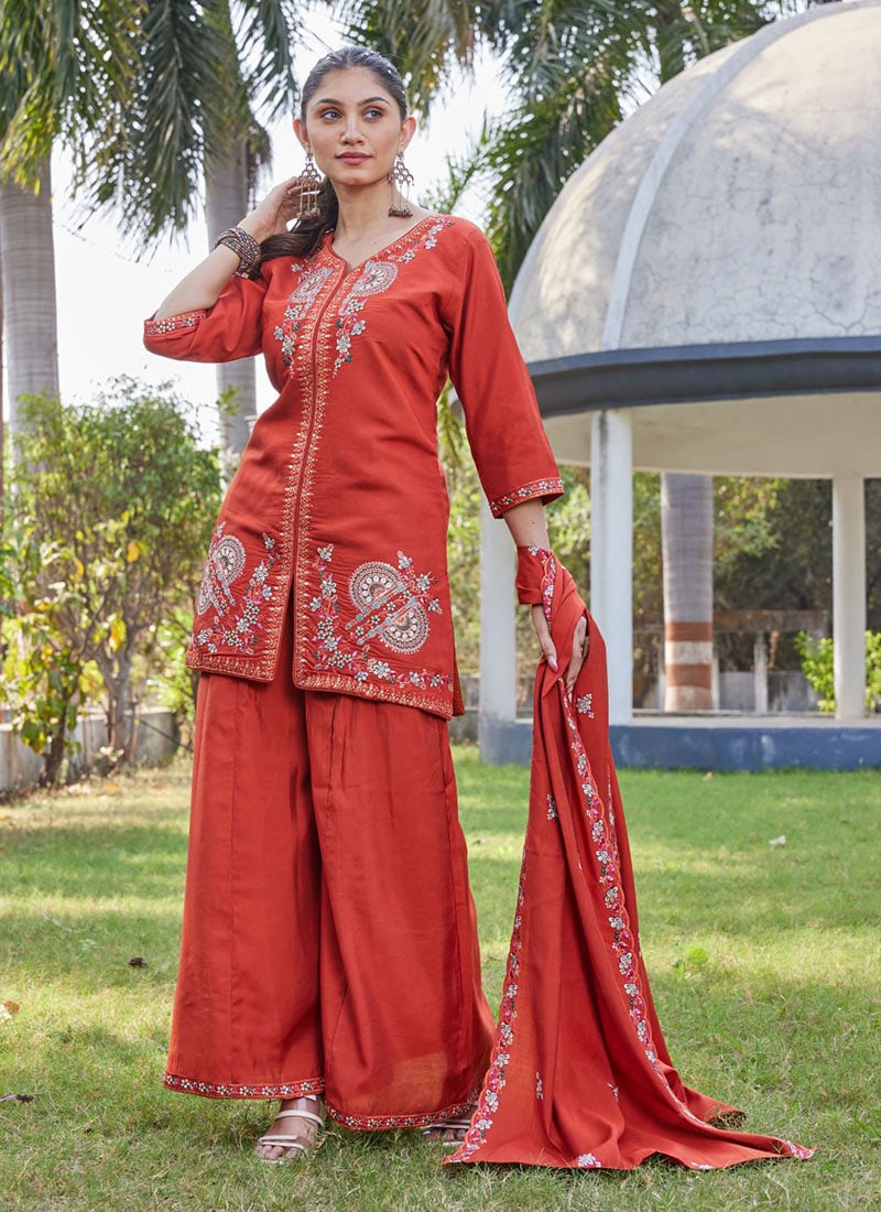 Graceful Rust Silk Embroidered Palazzo Suit After Six Wear