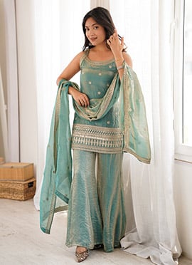 Graceful Sea Green Fandy Silk Embroidery Sequence Dori And Zari Work Palazzo Suit