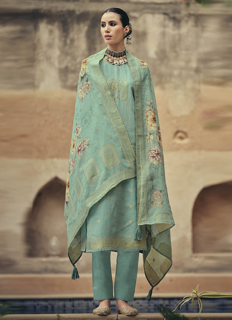 Graceful Sea Green Silk Cotton Woven Designer Digital Printed Straight Pant Suit After Six Wear
