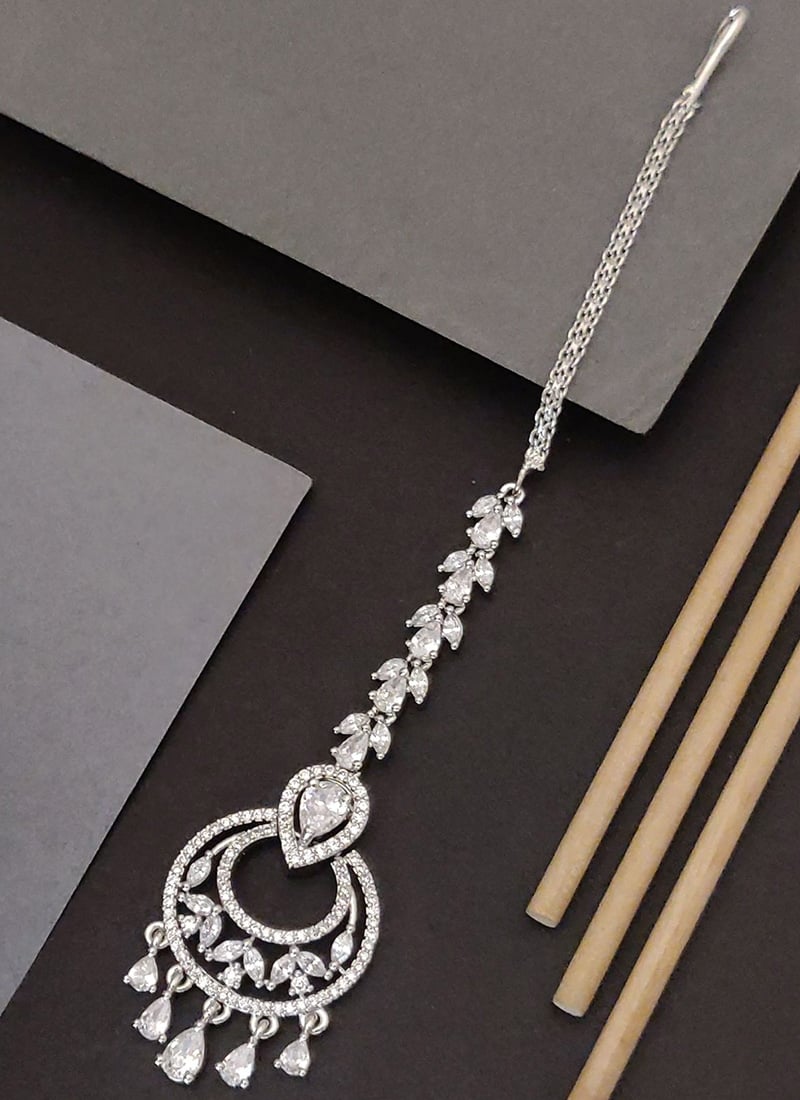 Graceful Silver Kundan Stones American Diamond Mangtikka Festive Wear