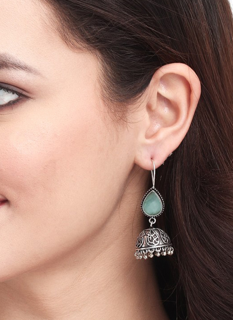 Graceful Silver Oxidised Stone Jhumka Festive Wear