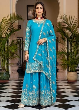 Graceful Sky Blue Chinon Silk Zari Embroidered Sequins Palazzo Suit