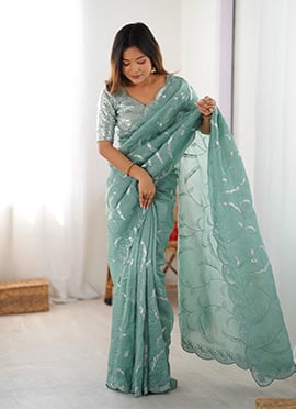 Graceful Sky Blue Crush Silk Sequins Embroidered Thread Saree