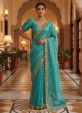 Graceful Sky Blue Fendy Silk Ready Lace Saree