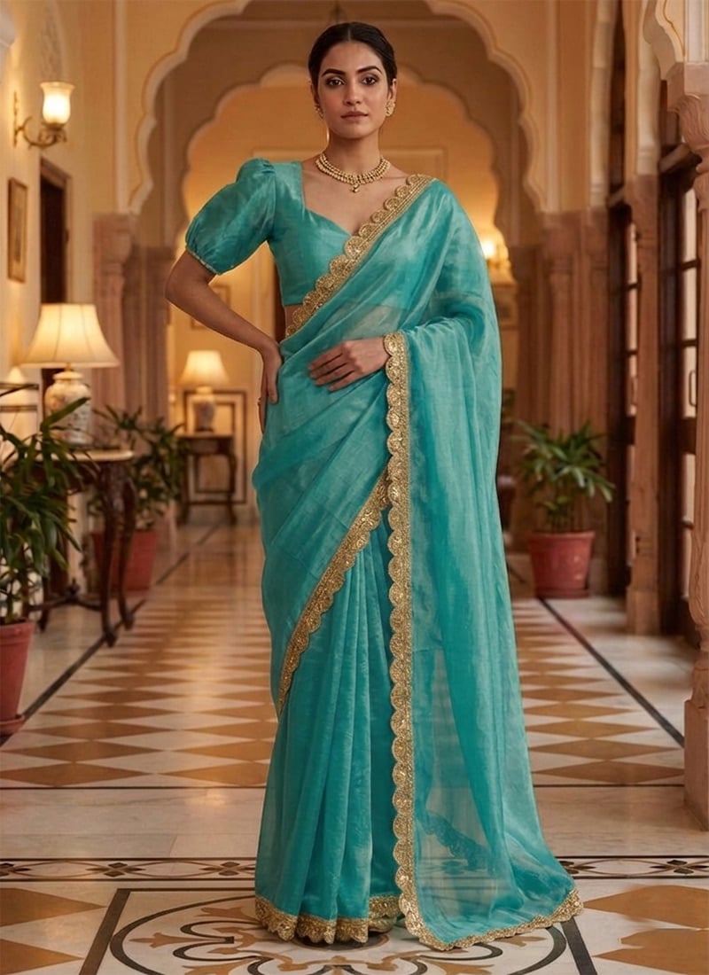 Graceful Sky Blue Fendy Silk Ready Lace Saree Festive Wear