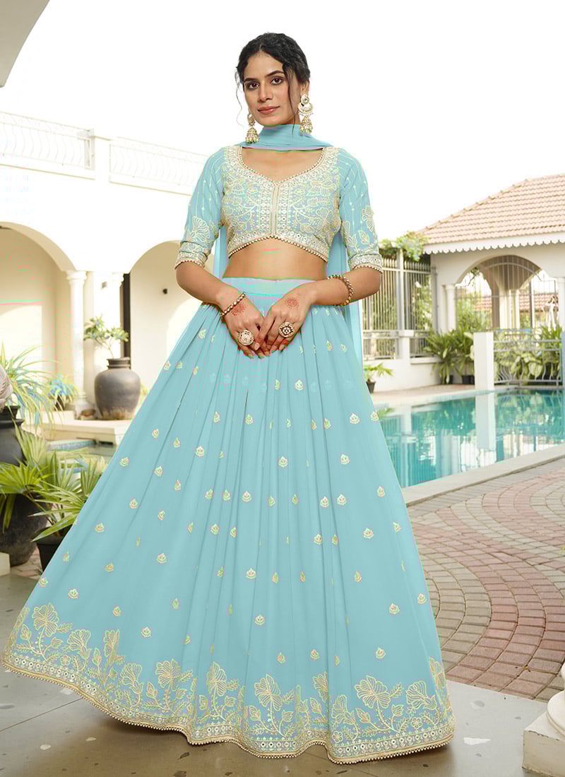 Graceful Sky Blue Georgette With Thread Embroidery Sequins Lehenga